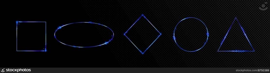 Blue neon light frames, empty banners with luminous effect isolated on transparent background. Glowing borders in circle, oval, square and triangle shape, vector realistic set. Blue neon light frames with luminous effect