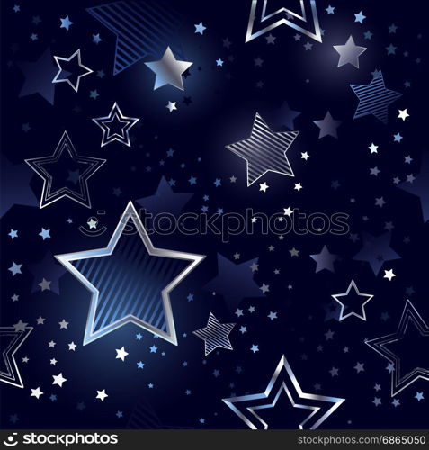 blue, night, seamless background with shiny, silver stars.