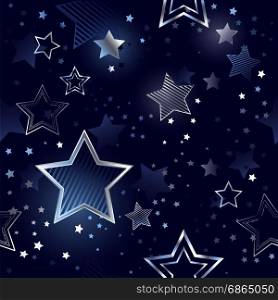 blue, night, seamless background with shiny, silver stars.