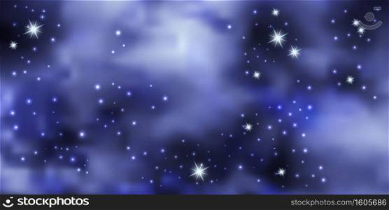 Blue night sky with shiny stars. Galaxy space background, nebula stardust. Cosmic universe. Vector illustration