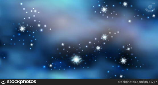 Blue night sky with shiny stars. Galaxy space background, nebula stardust. Cosmic universe. Vector illustration