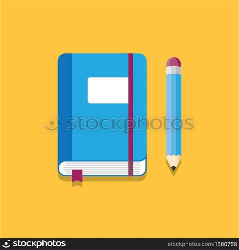 blue notebook with elastic band, bookmarks and pencil. Vector illustration.. Notebook and Pencil Vector