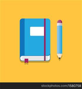 blue notebook with elastic band, bookmarks and pencil. Vector illustration.. Notebook and Pencil Vector