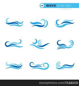 Blue ocean wave water line curve icon set isolated on white background vector illustration