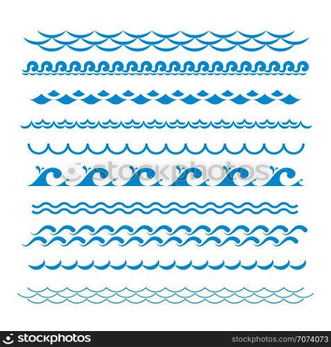 Blue ocean waves. Sea wave vector silhouette signs. Water graphic elements isolated. Flat wave sea water curve illustration. Blue ocean waves. Sea wave vector silhouette signs. Water graphic elements isolated