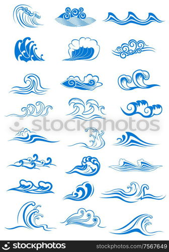 Blue ocean waves set curling and breaking, with swirls and in undulating patterns, for marine or nautical themed concepts, vector illustration isolated on white