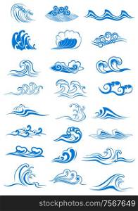 Blue ocean waves set curling and breaking, with swirls and in undulating patterns, for marine or nautical themed concepts, vector illustration isolated on white