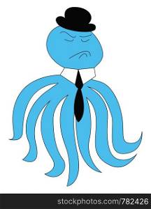Blue octopus with seven tentacles, a hat and a tie, vector, color drawing or illustration.
