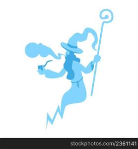 Blue old wizard semi flat color vector character. Flying figure. Performing magic. Full body person on white. Magical abilities simple cartoon style illustration for web graphic design and animation. Blue old wizard semi flat color vector character