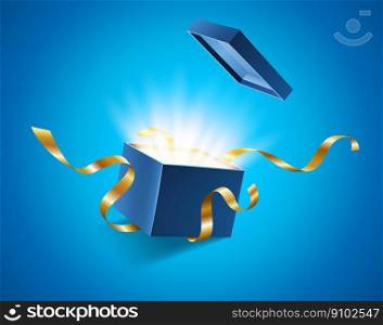 Blue opened 3d realistic gift box with magical shining glow and golden ribbons flying off cover, place for your text, realistic box with shine vector illustration. Blue opened 3d realistic gift box with magical shining glow and golden ribbons flying off cover, place for your text vector illustration