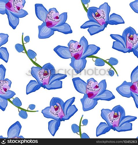 blue orchid floral seamless pattern. Flowers bloom blossom foliage on white background.