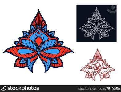 Blue oriental paisley flower, decorated by turkish or indian openwork red ornament. For interior accessories or carpet pattern usage. Blue paisley flower with turkish openwork design