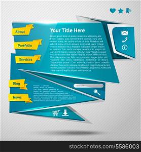 Blue origami paper website page design template with ribbon navigation buttons vector illustration