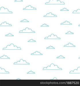 Blue outline clouds on white background seamless pattern. Vector illustration.