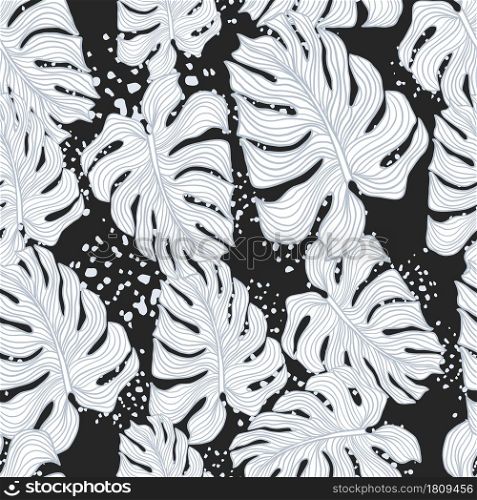 Blue outline monstera silhouettes seamless doodle pattern. Black background with splashes. Decorative backdrop for fabric design, textile print, wrapping, cover. Vector illustration.. Blue outline monstera silhouettes seamless doodle pattern. Black background with splashes.