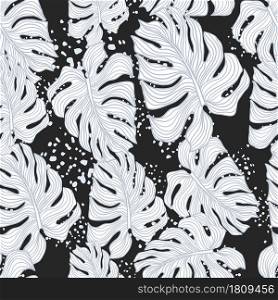 Blue outline monstera silhouettes seamless doodle pattern. Black background with splashes. Decorative backdrop for fabric design, textile print, wrapping, cover. Vector illustration.. Blue outline monstera silhouettes seamless doodle pattern. Black background with splashes.