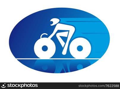 Blue oval icon of a racing cyclist on a bicycle travelling at speed and wearing a safety helmet