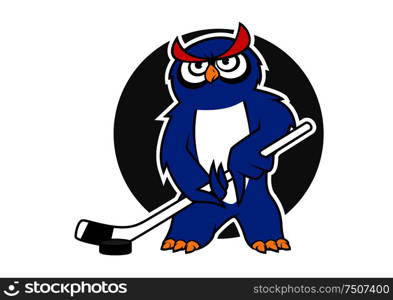 Blue owl ice hockey player cartoon character with stick and puck on gray background for sporting club or team mascot design. Owl ice hockey player with stick