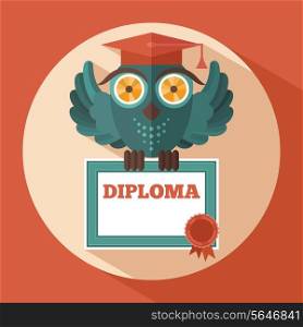 Blue owl in graduation cap holding diploma flat vector illustration