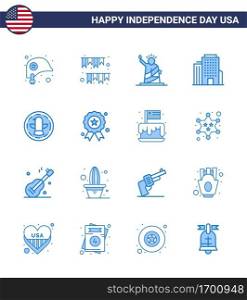 Blue Pack of 16 USA Independence Day Symbols of american  office  party  building  statue Editable USA Day Vector Design Elements