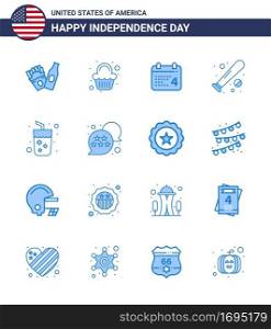 Blue Pack of 16 USA Independence Day Symbols of drink  usa  day  sports  baseball Editable USA Day Vector Design Elements