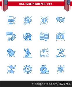 Blue Pack of 16 USA Independence Day Symbols of elephent; laud; badge; speaker; usa Editable USA Day Vector Design Elements