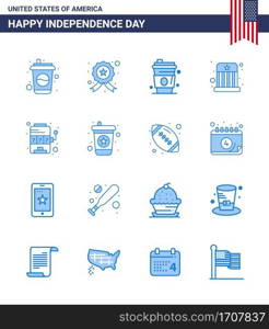 Blue Pack of 16 USA Independence Day Symbols of machine  hat  alcohol  kids  circus Editable USA Day Vector Design Elements