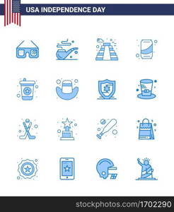 Blue Pack of 16 USA Independence Day Symbols of soda  beverage  building  cola  can Editable USA Day Vector Design Elements