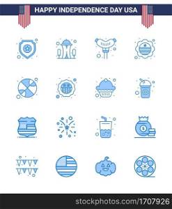 Blue Pack of 16 USA Independence Day Symbols of sports  basketball  food  badge  flag Editable USA Day Vector Design Elements