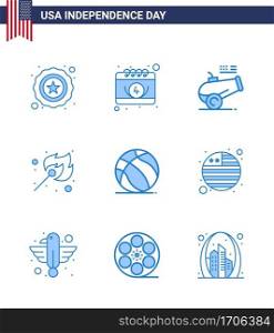 Blue Pack of 9 USA Independence Day Symbols of american  football  cannon  outdoor  fire Editable USA Day Vector Design Elements
