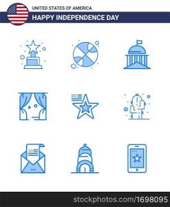 Blue Pack of 9 USA Independence Day Symbols of american  usa  flag  theatre  entertainment Editable USA Day Vector Design Elements