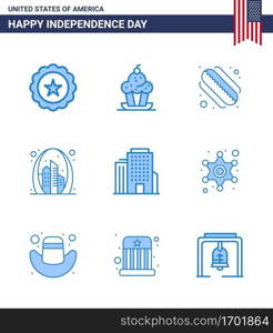 Blue Pack of 9 USA Independence Day Symbols of building  landmark  thanksgiving  gate  arch Editable USA Day Vector Design Elements
