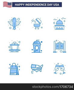 Blue Pack of 9 USA Independence Day Symbols of cole  rail  building  mine  white Editable USA Day Vector Design Elements