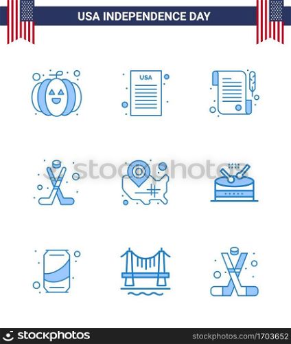 Blue Pack of 9 USA Independence Day Symbols of location pin; usa; day; states; sport Editable USA Day Vector Design Elements