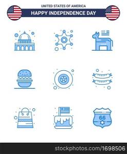 Blue Pack of 9 USA Independence Day Symbols of military  usa  donkey  american  burger Editable USA Day Vector Design Elements