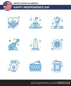 Blue Pack of 9 USA Independence Day Symbols of monument  american  ice hockey  usa  guiter Editable USA Day Vector Design Elements