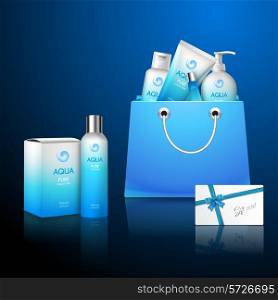 Blue packages cosmetics set in fashion bag with gift card vector illustration