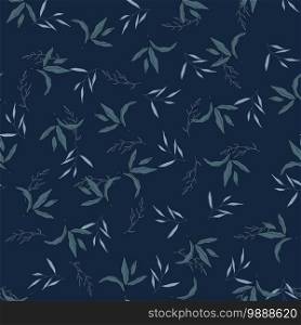 Blue palm tropical hand drawing vector illustration on dark background in beach style. Free painting of summer leaf and exotic flora, nature motifs with herbs. Seamless hawaii pattern
