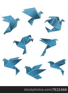 Blue paper pigeons and doves in origami style isolated on white background for peace concept design