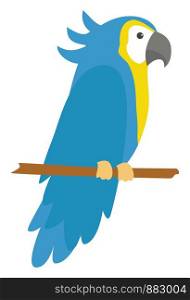 Blue parrot standing on branch, illustration, vector on white background.