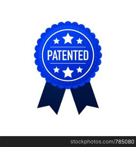 Blue patented label. Vector illustration. Blue patented label on white background. Vector stock illustration.