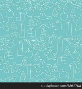 Blue Pattern in hand draw style. Seamless vector pattern with stars, Christmas tree decorations. Can be used for fabric, packaging, wrapping and etc. Seamless vector pattern. Christmas tree decorations. Pattern in hand draw style