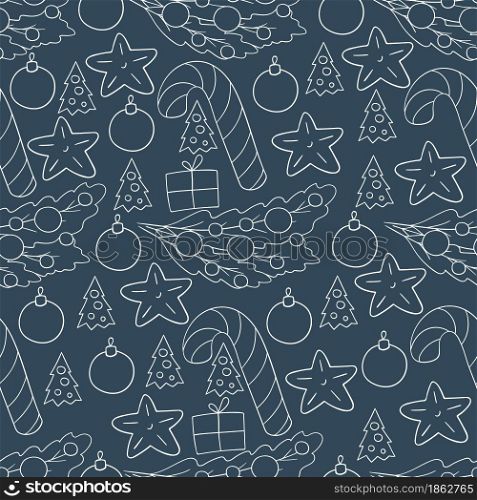 Blue Pattern in hand draw style. Seamless vector pattern with stars, Christmas tree decorations. Can be used for fabric. Seamless vector pattern. Christmas tree decorations. Pattern in hand draw style