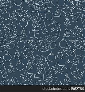Blue Pattern in hand draw style. Seamless vector pattern with stars, Christmas tree decorations. Can be used for fabric. Seamless vector pattern. Christmas tree decorations. Pattern in hand draw style