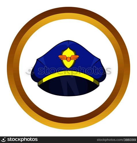 Blue pilot cap with badge vector icon in golden circle, cartoon style isolated on white background. Blue pilot cap with badge vector icon