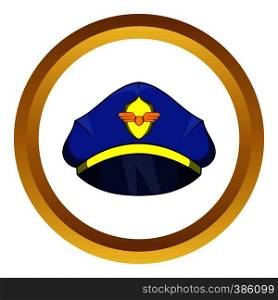 Blue pilot cap with badge vector icon in golden circle, cartoon style isolated on white background. Blue pilot cap with badge vector icon