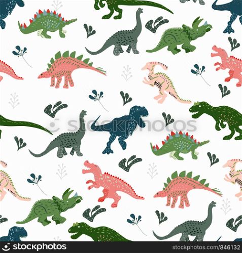 Blue, pink and green dinosaurs seamless pattern on white background. Flat style illustration. Cute hand drawn sketch style textile, wrapping paper, background design. . Blue, pink and green dinosaurs seamless pattern