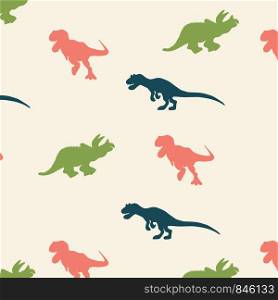 Blue, pink and green dinosaurs silhouette seamless pattern on white background. Flat style illustration. Cute hand drawn sketch style textile, wrapping paper, background design. . Blue, pink and green dinosaurs silhouette seamless pattern