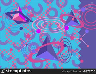 Blue, pink and purple busy psychodelic volumetric background. Simple geometric vector. Vibrant graphic old retro geometrical shapes. Abstract art cartoon banner, poster illustration.