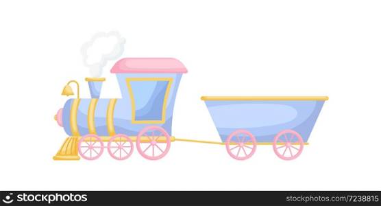 Blue-pink cartoon train for children isolated on white background, colorful train in flat style, simple design. Flat cartoon colorful vector illustration.
